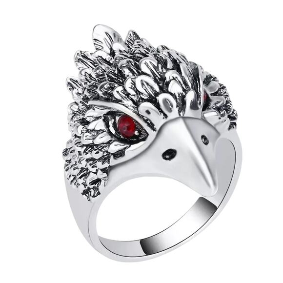 Antiqued Ancient Silver Round Red Crystal Eye Falcon Head Ring Size 10 - Picture 1 of 6